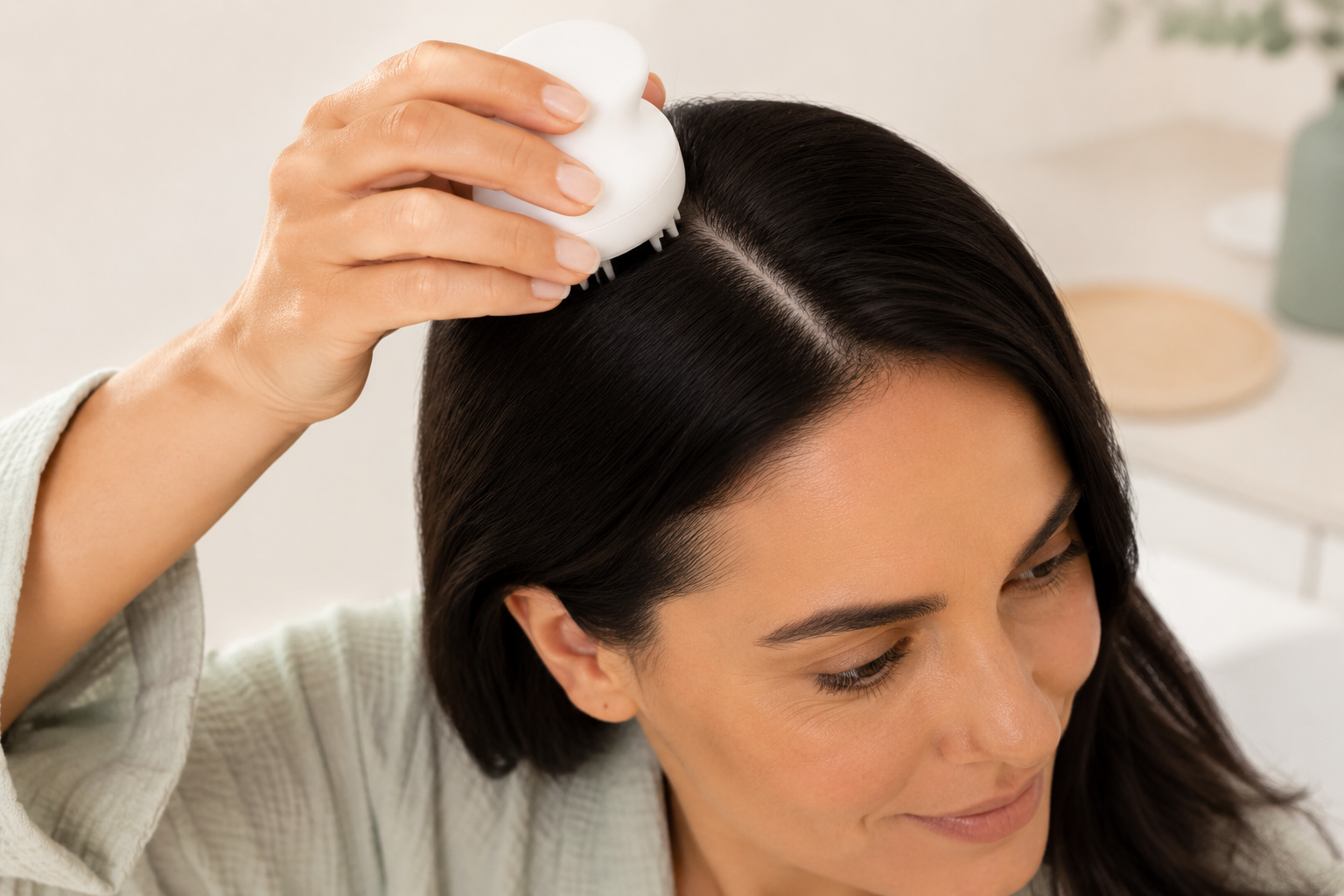 Woman checking her scalp with a personal scanner
