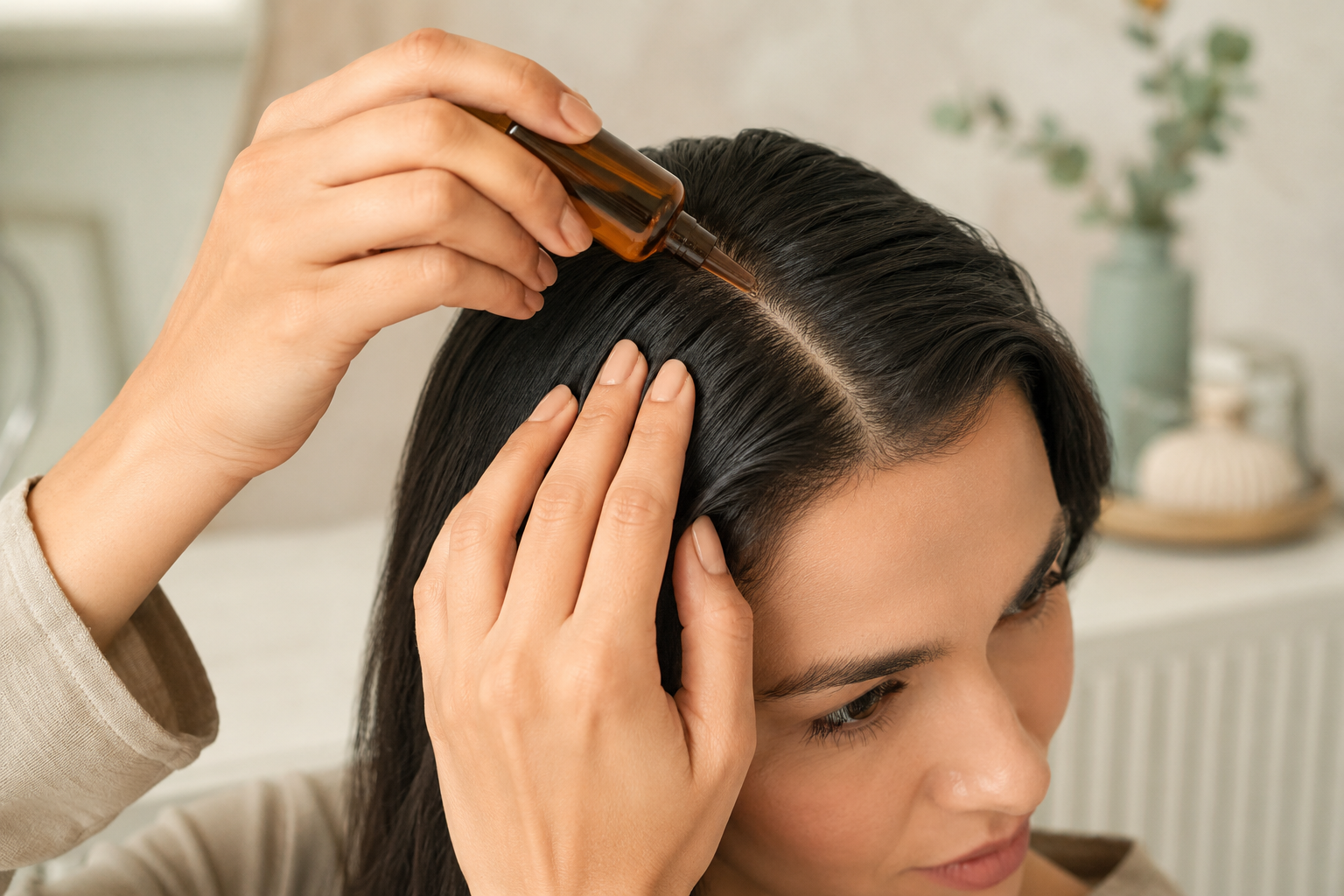 Woman applying a targeted scalp tonic along her hair part