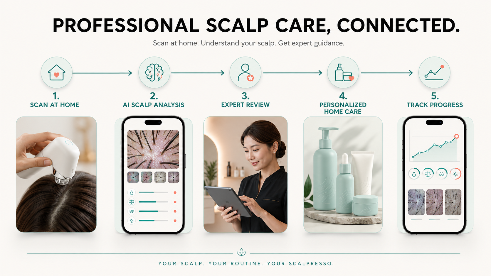 Scalpresso five-step journey: scan at home, AI scalp analysis, expert review, personalized home care, and progress tracking