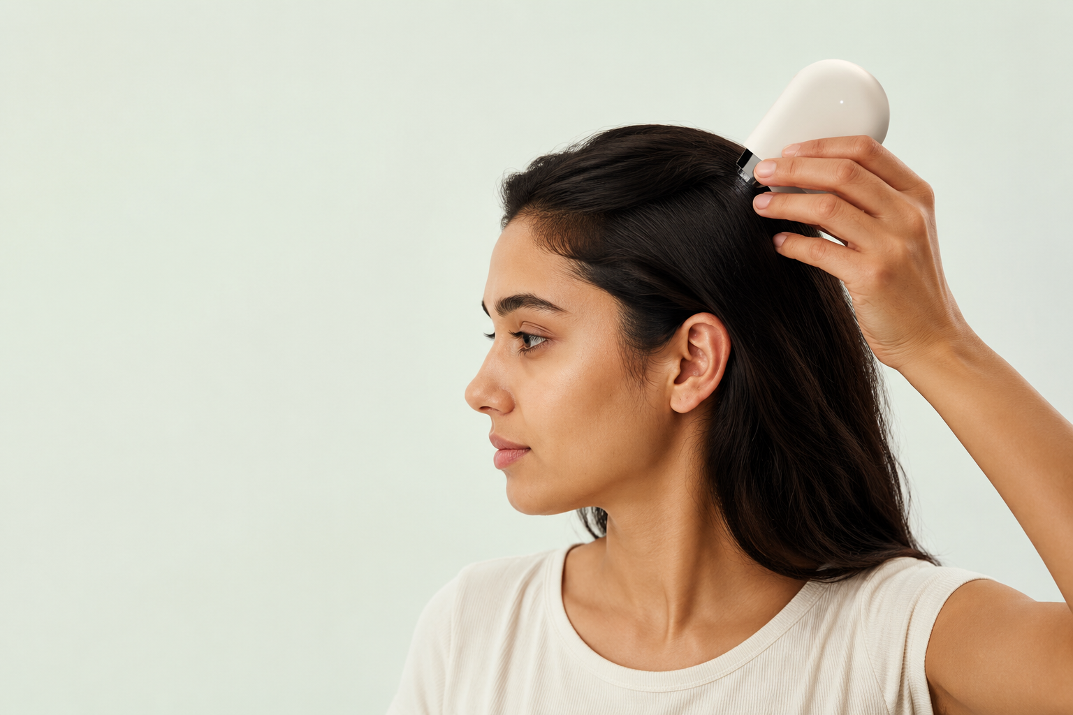 Woman using a personal scalp scanner at home