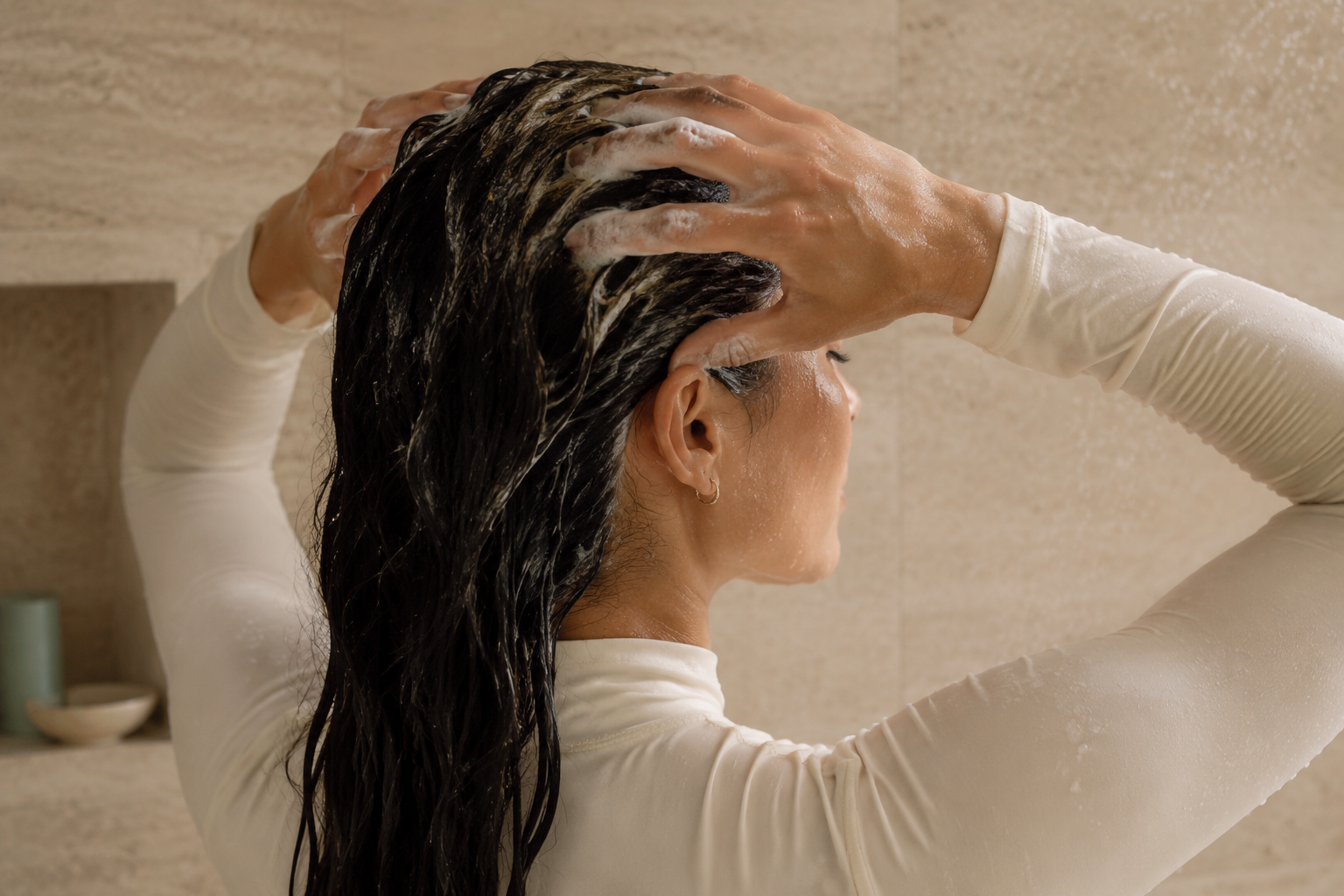 Woman gently cleansing and massaging her scalp at home